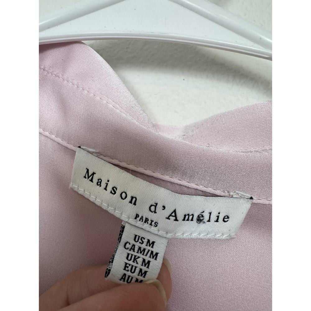 Soft Pink Satin Shirt Womens Medium Button Front Long Sleeve Top Maison D'Amélie - Picture 2 of 7